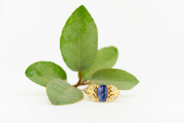 20ct Yellow Gold Blue Sapphire with Accent Diamonds in Leaf Setting #8379