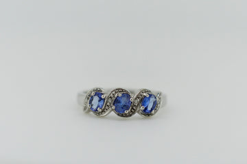 9ct White Gold Blue Tanzanite Trilogy Ring With Accent Diamonds #9361