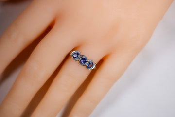 9ct White Gold Blue Tanzanite Trilogy Ring With Accent Diamonds #9361