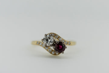 18ct Yellow Gold Garnet and Diamond Ring with Chanel Set Accent Stones #9363