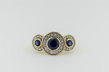 9ct Yellow Gold Blue Sapphire and Diamond Halo Trilogy Ring #9367