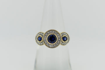 9ct Yellow Gold Blue Sapphire and Diamond Halo Trilogy Ring #9367