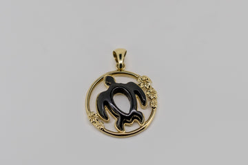 Hawaiian Black pearl turtle pendant with solid 14k yellow gold