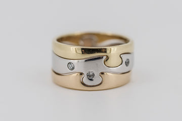 18ct solid gold and diamond three tone puzzle ring