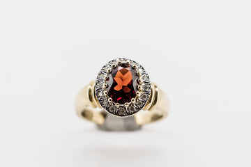 9ct Yellow Gold, Almandine Garnet and Diamond Ring