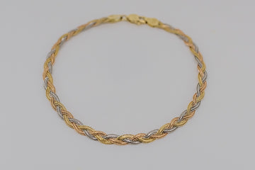 Tri-Colour 18K white, rose and yellow gold Braided Herringbone Link Chain Bracelet