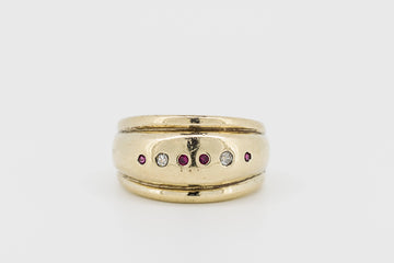 9CT GOLD DRESS RING WITH RUBIES AND DIAMONDS