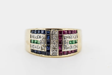 9CT gold ring with green red and blue stones.