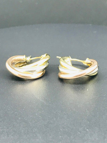 9ct gold earrings, twisted, 3 tone